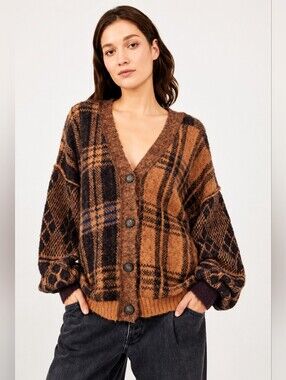 Free People Sepia Plaid Cardigan Oversized Wool Blend Slouchy Sweater